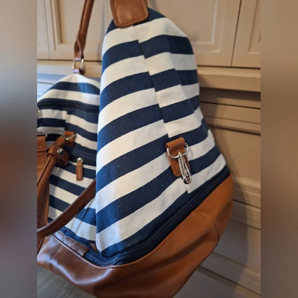 Lovevook Striped Blue and White Weekender Bag with Tan Accents - Picture 12 of 16